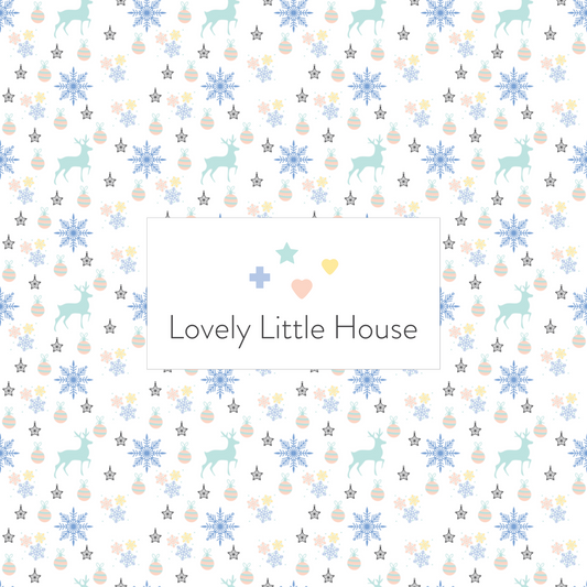 A dollhouse wallpaper pattern of snowflakes, Christmas ornaments, and deer