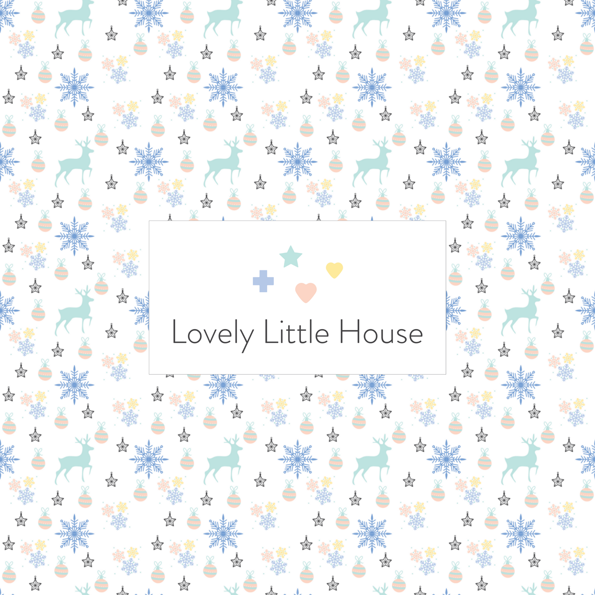 A dollhouse wallpaper pattern of snowflakes, Christmas ornaments, and deer