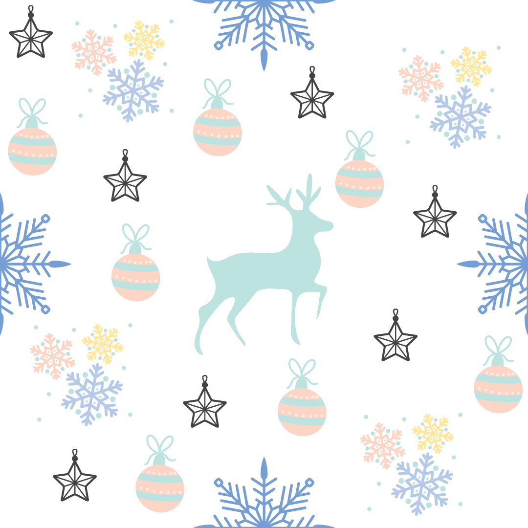 A closeup on a dollhouse wallpaper pattern of snowflakes, Christmas ornaments, and deer