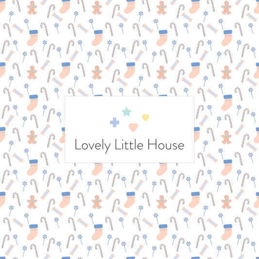 A dollhouse wallpaper pattern of stockings and Christmas candy such as candy cane and peppermint candy in pink and blue