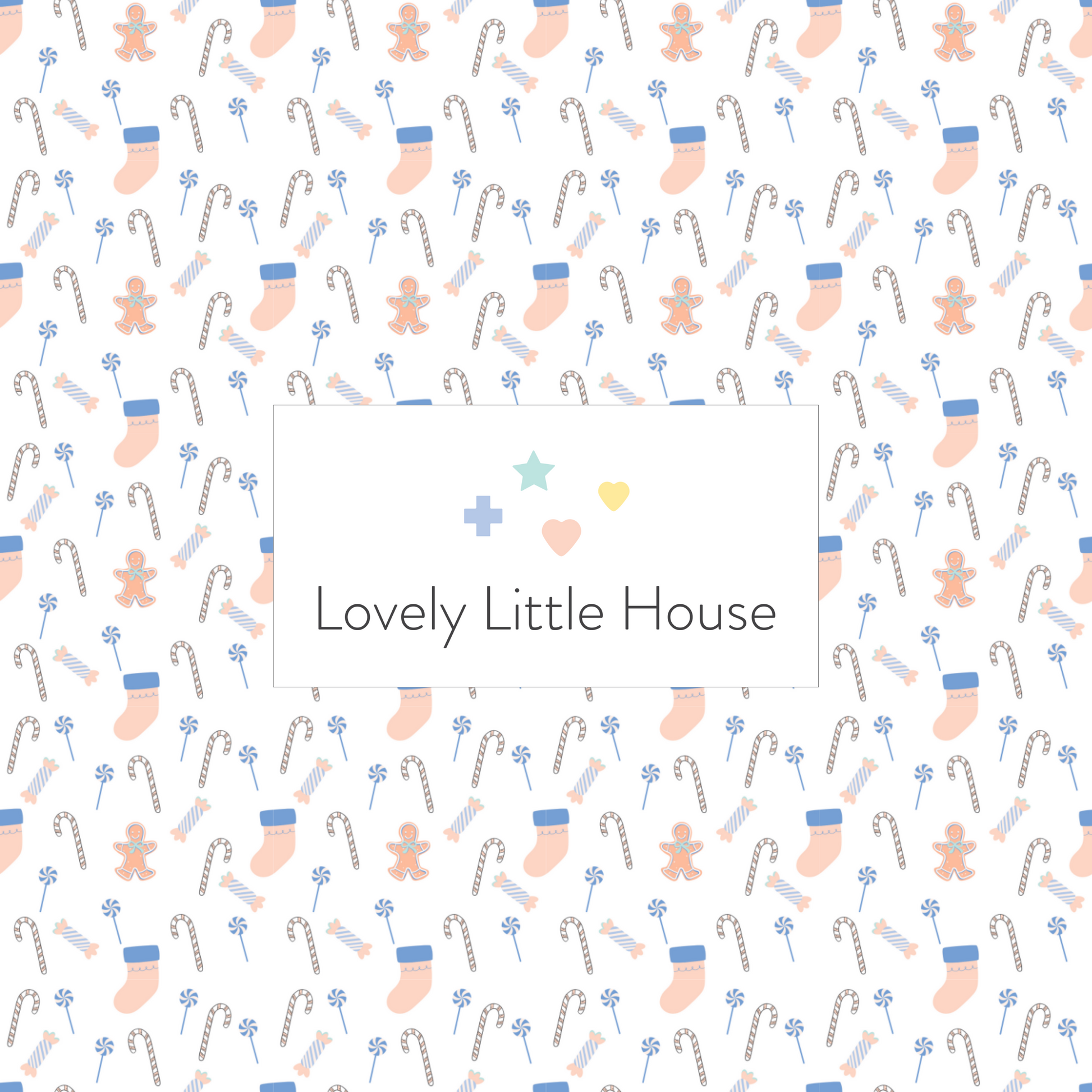 A dollhouse wallpaper pattern of stockings and Christmas candy such as candy cane and peppermint candy in pink and blue