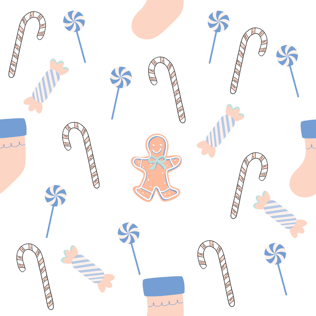 A closeup on a dollhouse wallpaper pattern of stockings and Christmas candy such as candy cane and peppermint candy in pink and blue