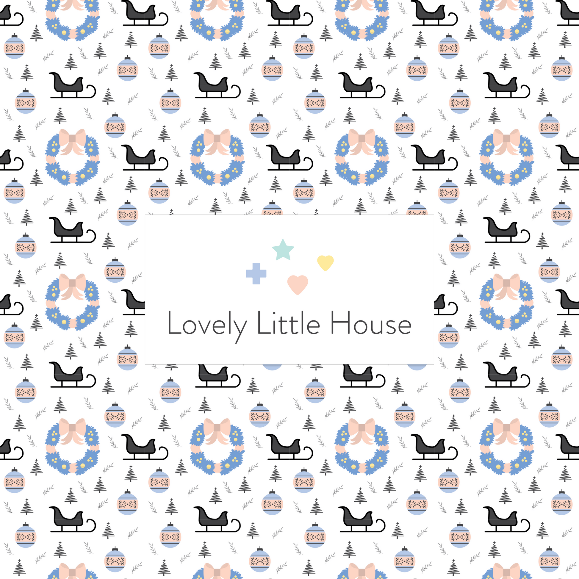 A dollhouse wallpaper pattern of a Santa sleigh and Christmas wreath in pink, black and blue