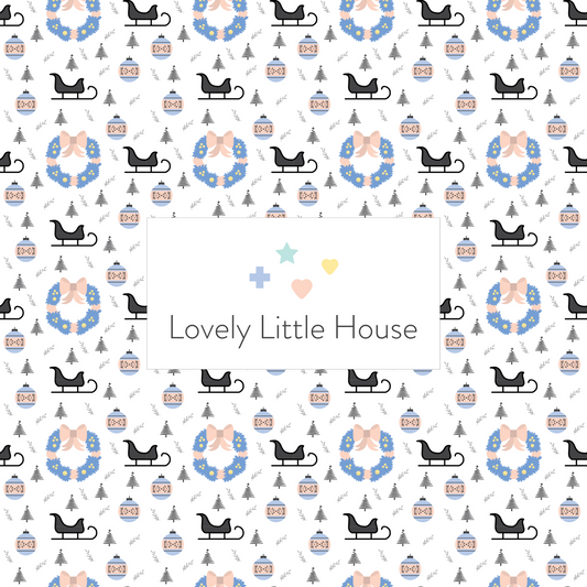 A dollhouse wallpaper pattern of a Santa sleigh and Christmas wreath in pink, black and blue