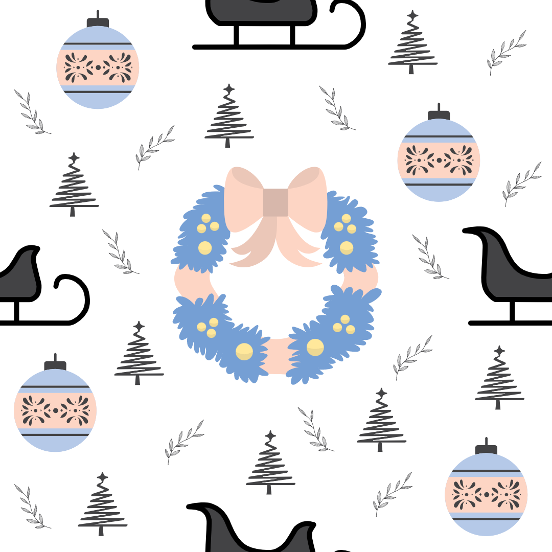 A closeup on a dollhouse wallpaper pattern of a Santa sleigh and Christmas wreath in black, pink and blue