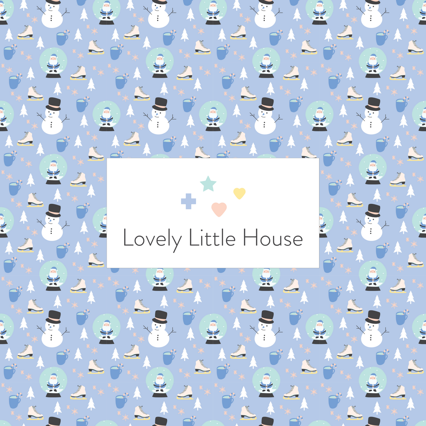 A dollhouse wallpaper pattern of Snowman, Santa snow globe, ice skates, and Christmas hot chocolate in blue