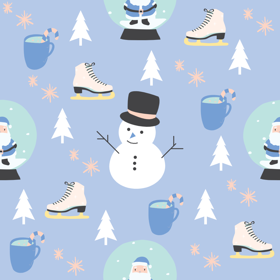 A closeup on A dollhouse wallpaper pattern of Snowman, Santa snow globe, ice skates, and Christmas hot chocolate in blue