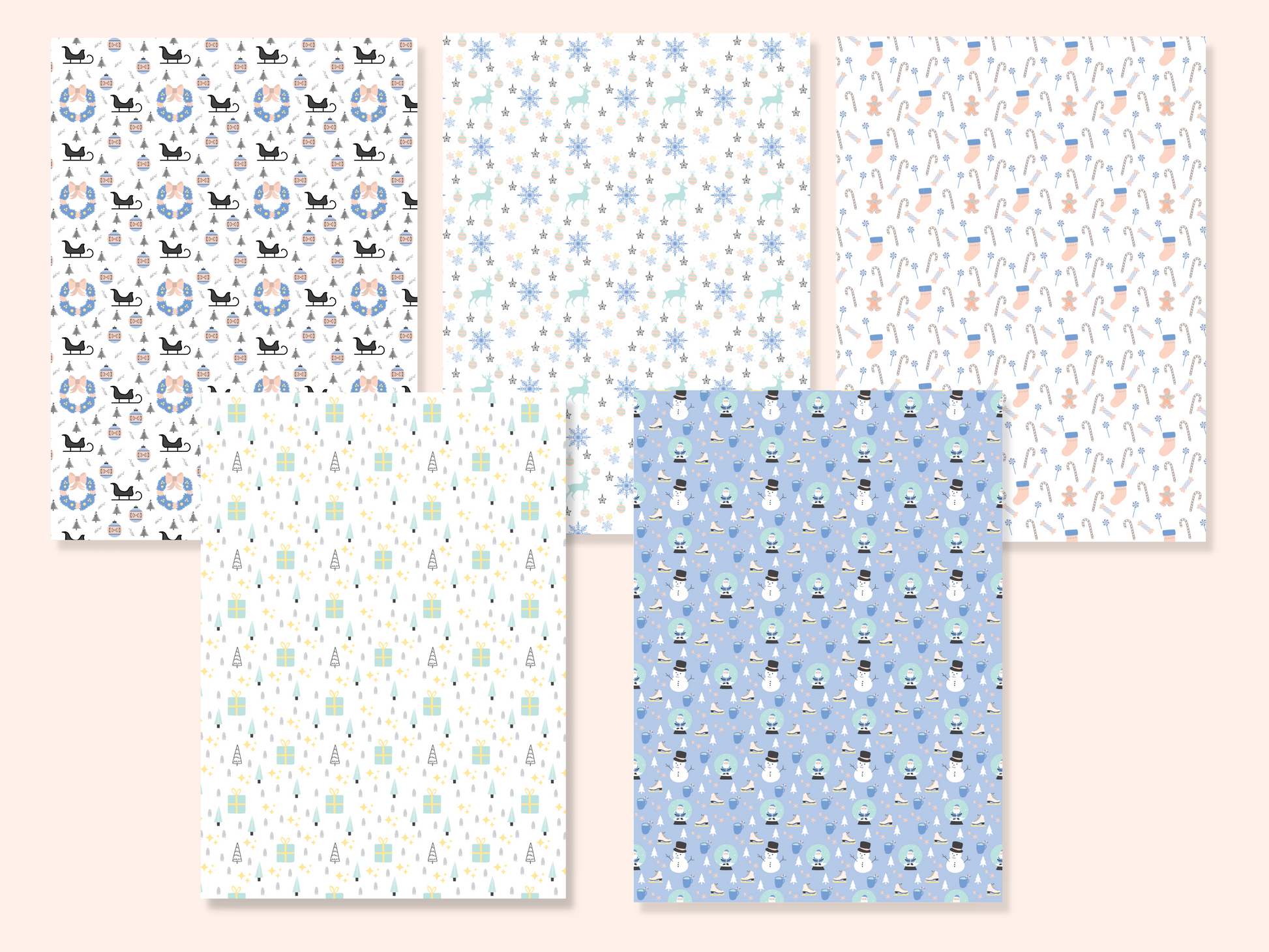 5 dollhouse wallpaper sheets with 5 different Christmas patterns presented as full sheets side by side
