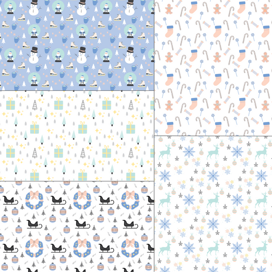 5 dollhouse wallpaper sheets with 5 different Christmas patterns presented side by side