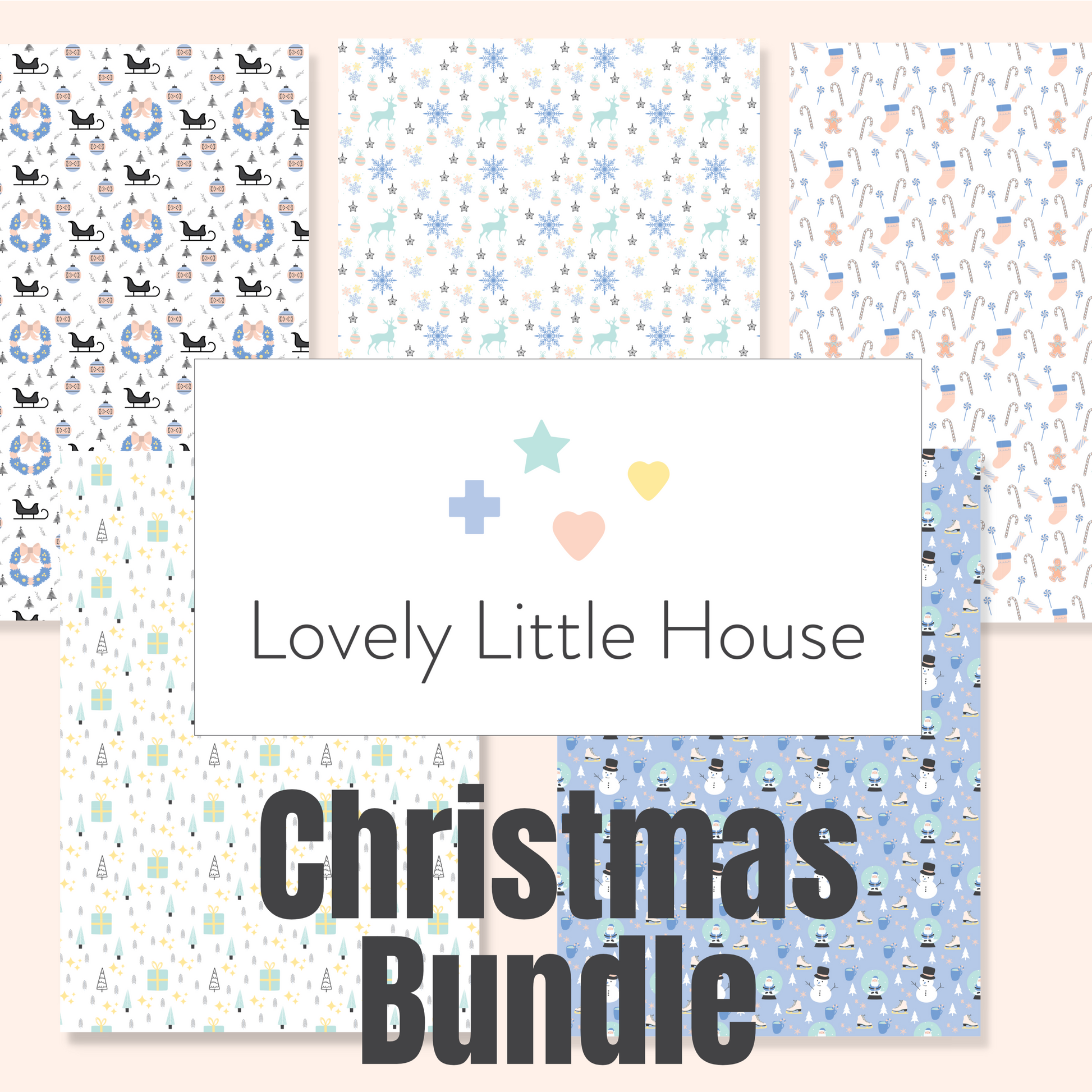 5 dollhouse wallpaper sheets with 5 different Christmas patterns with festive Christmas motifs: Christmas tree, Santa, gifts, snowflakes, etc