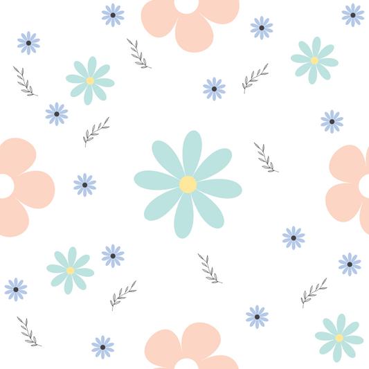 A closeup on a dollhouse wallpaper pattern of flowers in pastel colors
