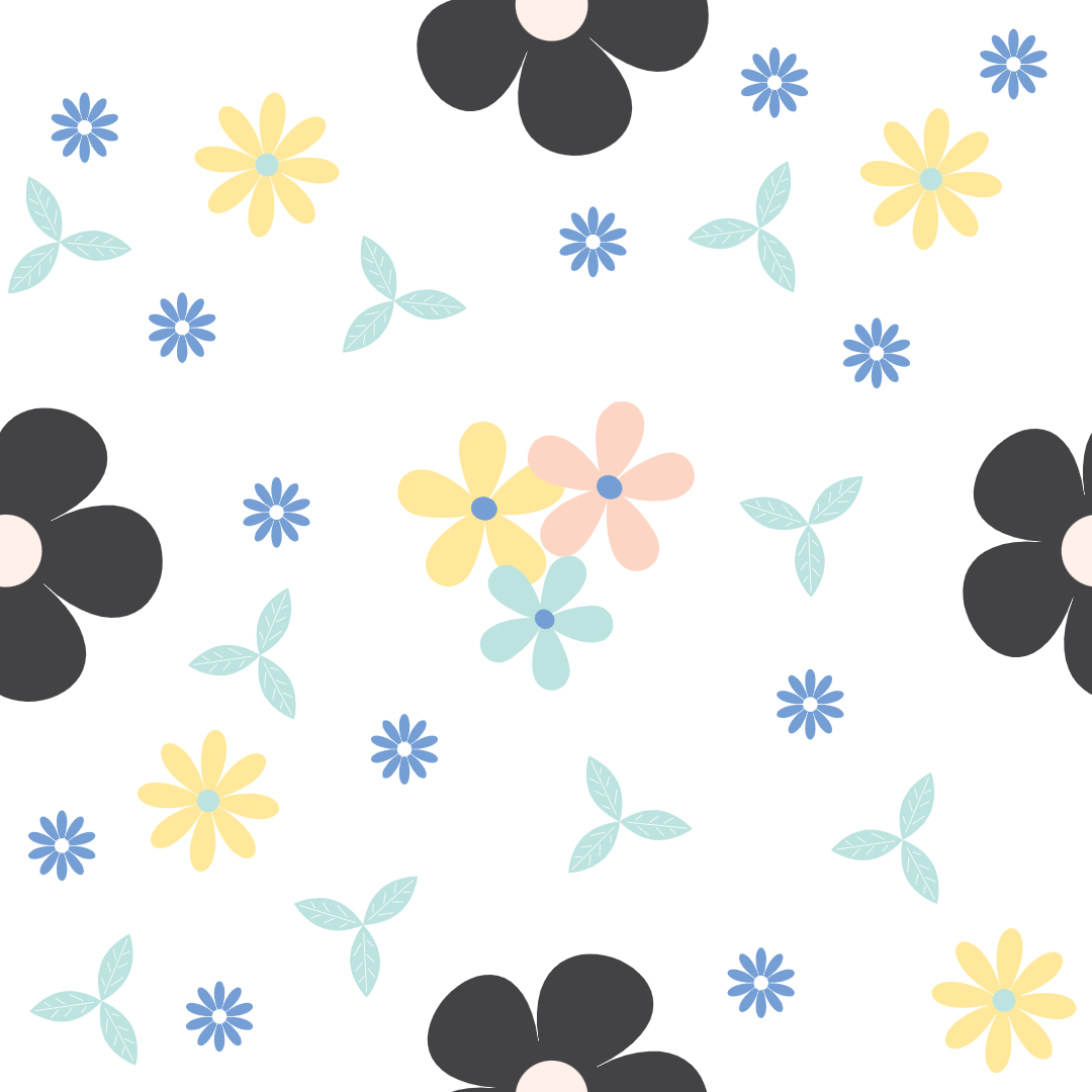 A closeup on a dollhouse wallpaper pattern of black and pastel flowers