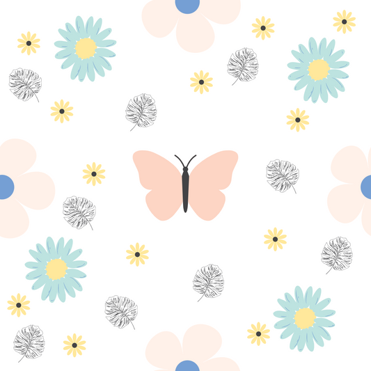 A closeup on a dollhouse wallpaper pattern of cute pink butterflies and delightful blue daisies.