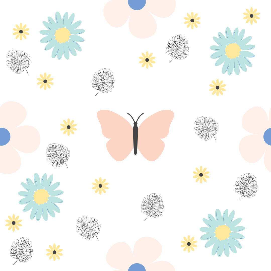 A closeup on a dollhouse wallpaper pattern of cute pink butterflies and delightful blue daisies.