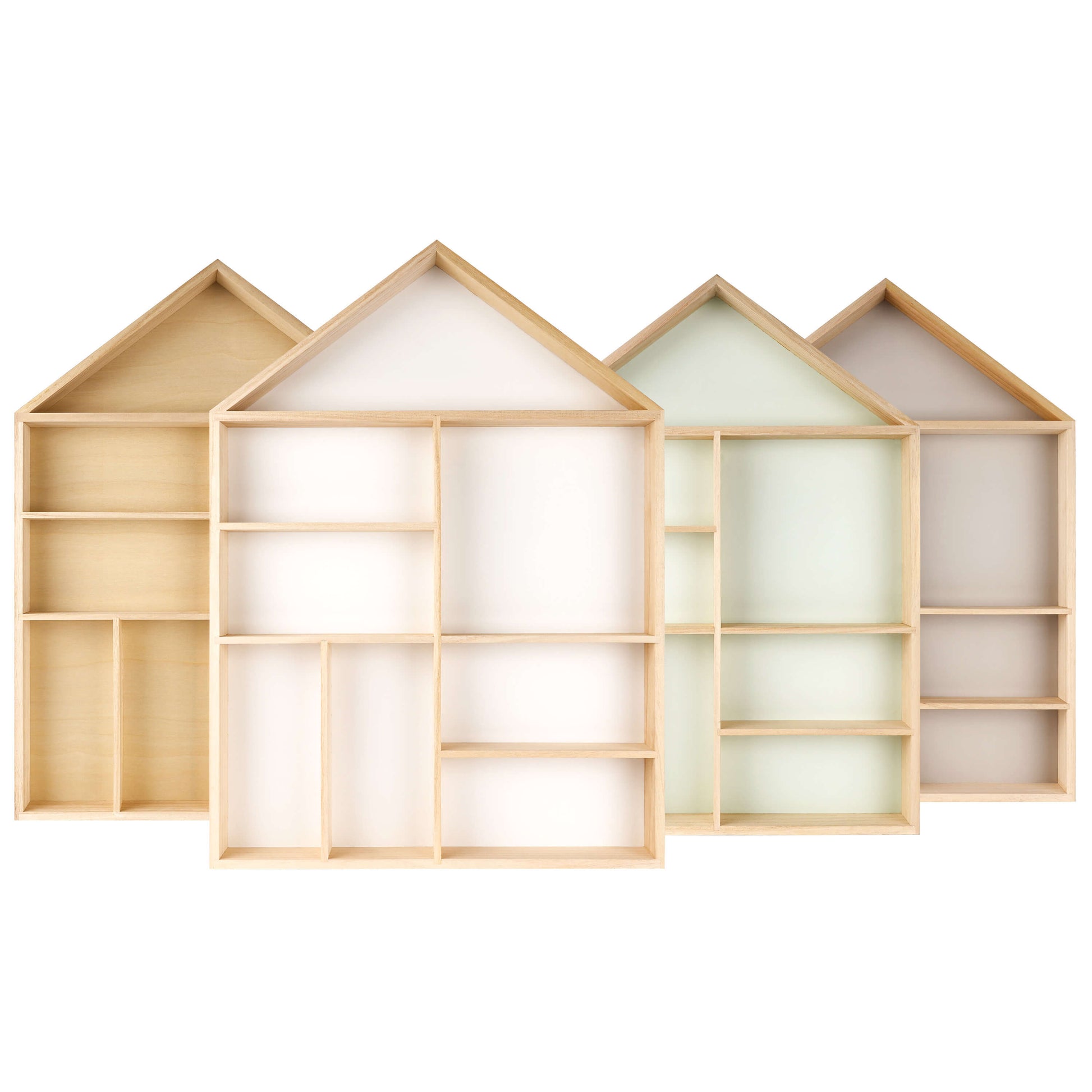 House shaped wooden toy display shelf - all color variations displayed side by side (side view)