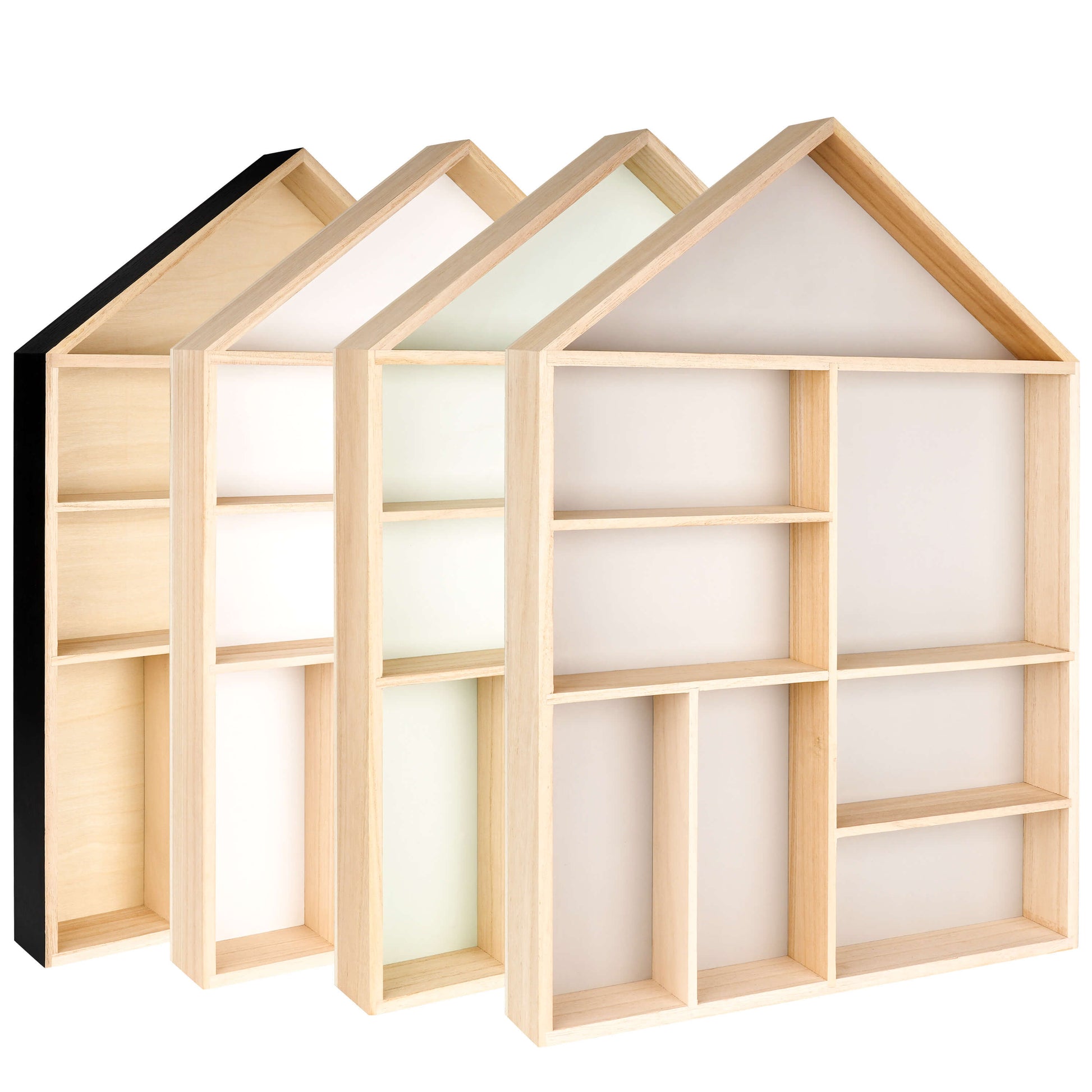 House shaped wooden toy display shelf - all color variations displayed side by side (side view)
