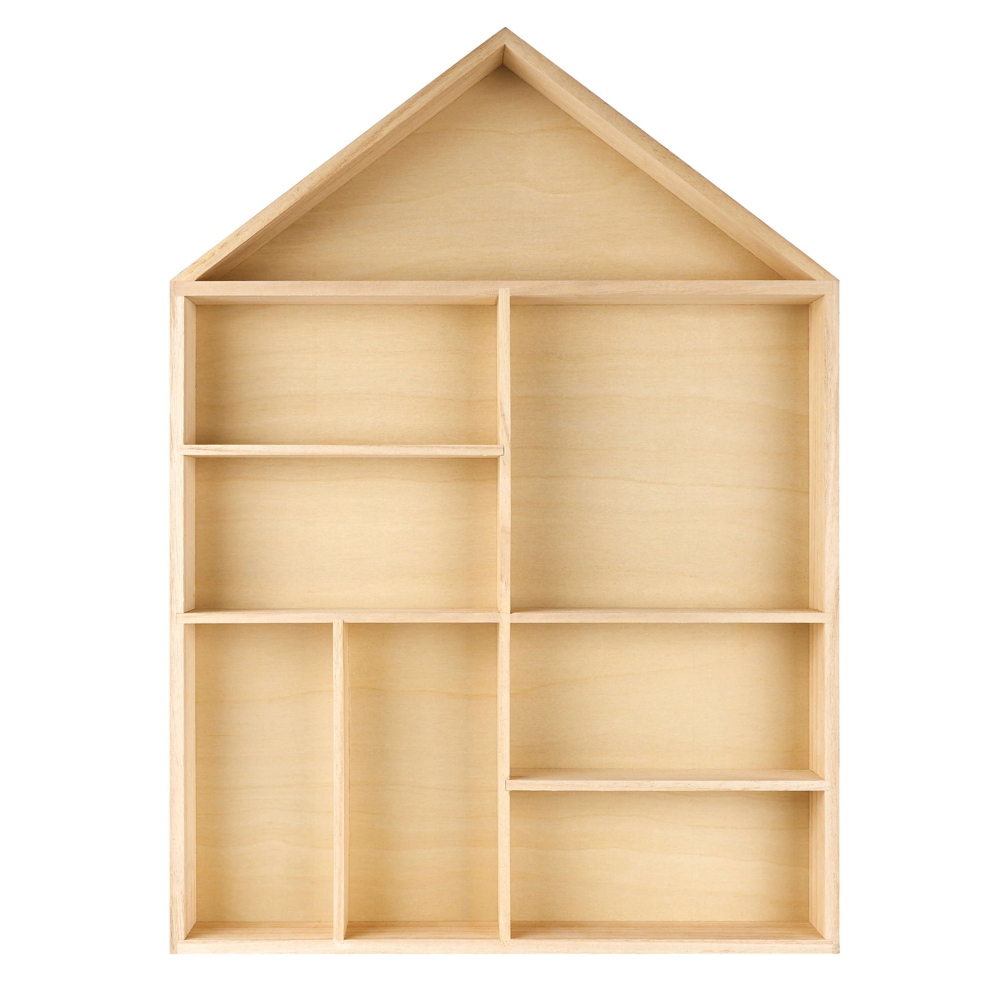 House shaped wooden toy display shelf with a black finish on the outside ( Empty, front view)
