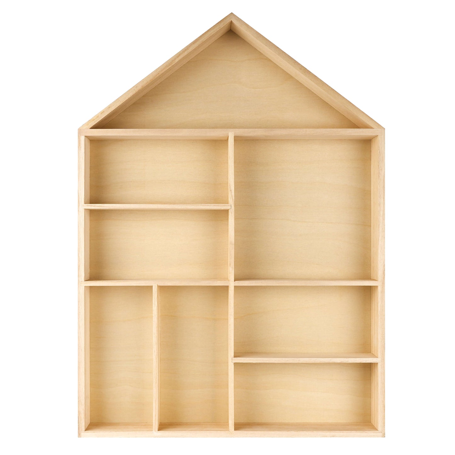 House shaped wooden toy display shelf with a black finish on the outside ( Empty, front view)