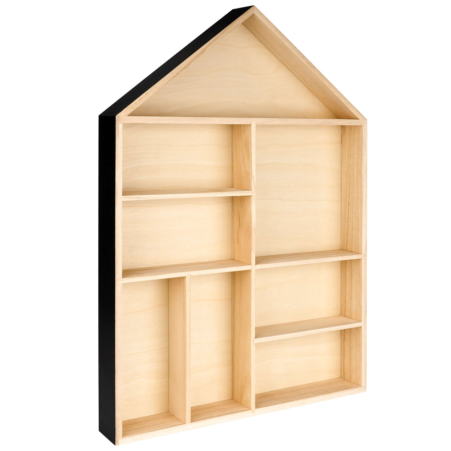 House shaped wooden toy display shelf with a black finish on the outside ( Empty, side view)