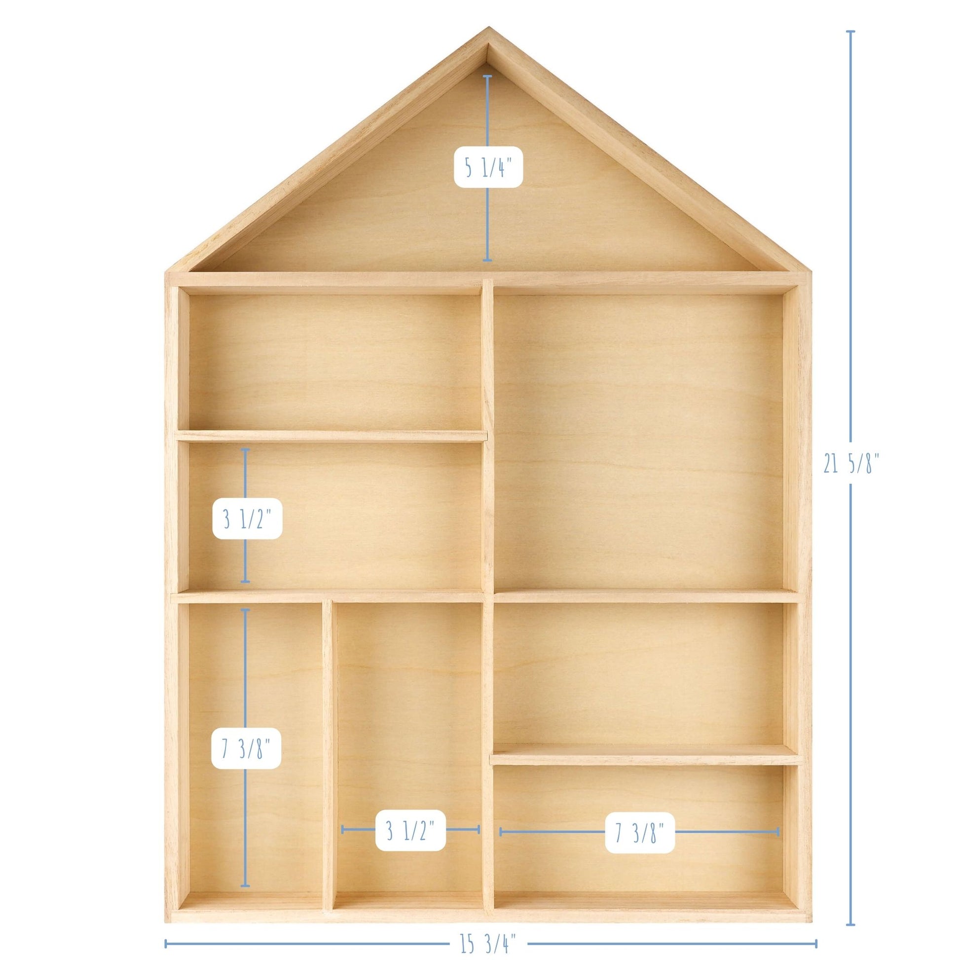 House shaped wooden toy display shelf with a black finish on the outside - with compartments size detailed (front view)