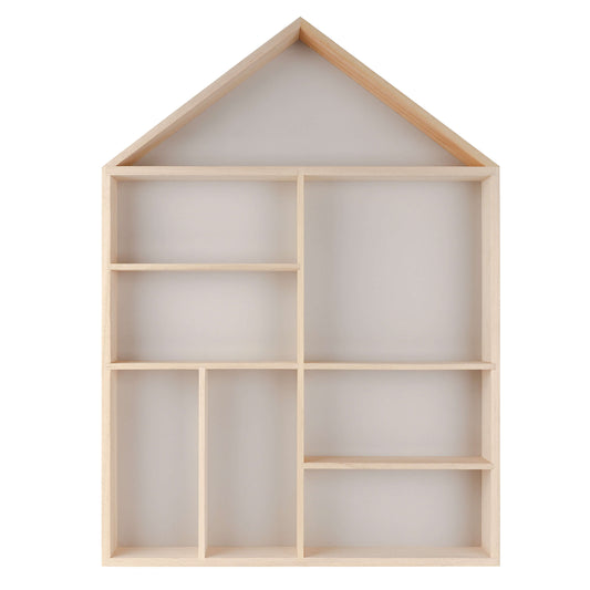 House shaped wooden toy display shelf with a gray-colored backboard ( Empty, front view)