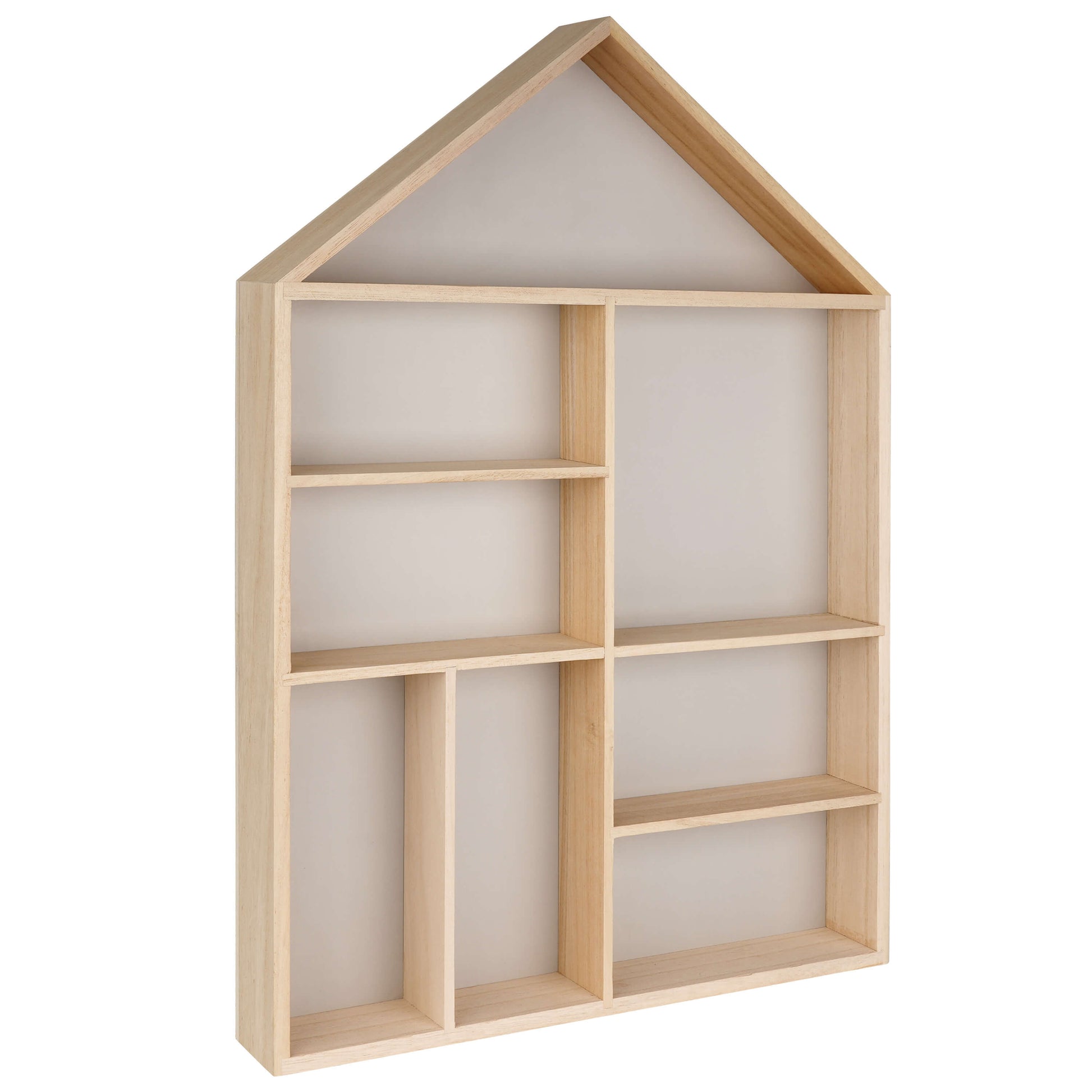 House shaped wooden toy display shelf with a gray-colored backboard ( Empty, side view)