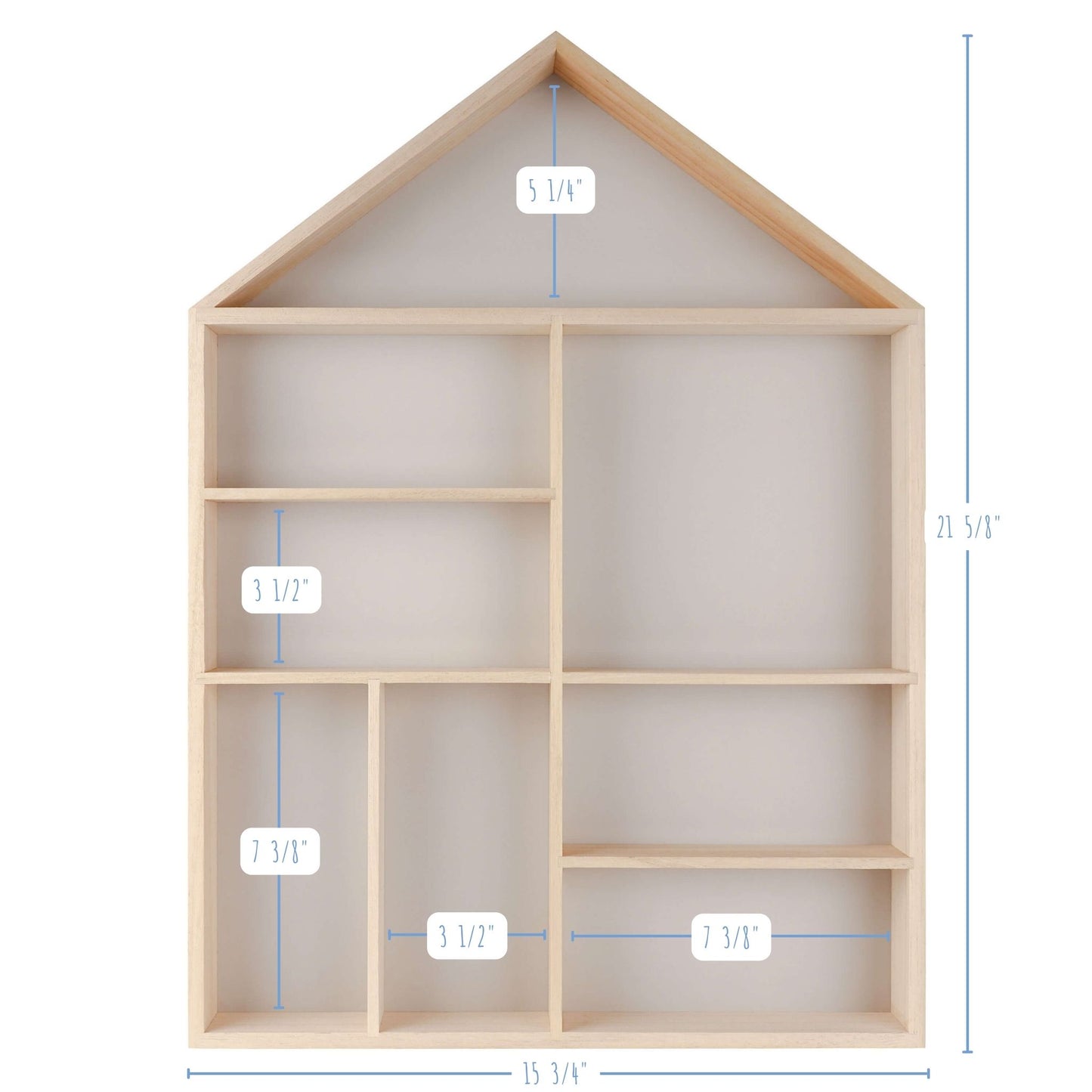 House shaped wooden toy display shelf with a gray-colored backboard - with compartments size detailed (front view)