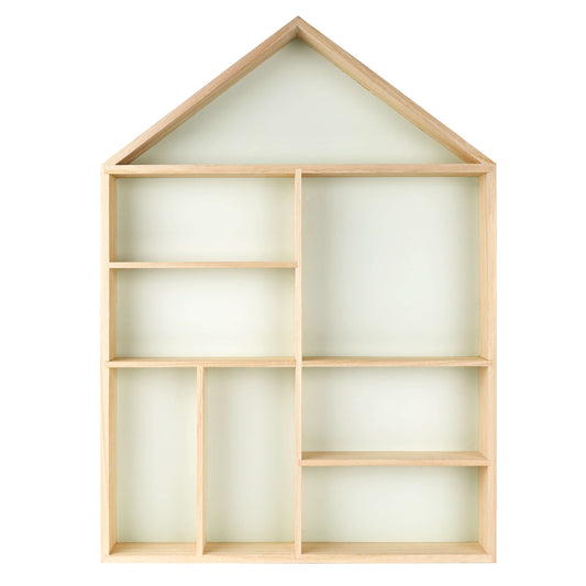 House shaped wooden toy display shelf with a mint-colored backboard ( Empty, front view)
