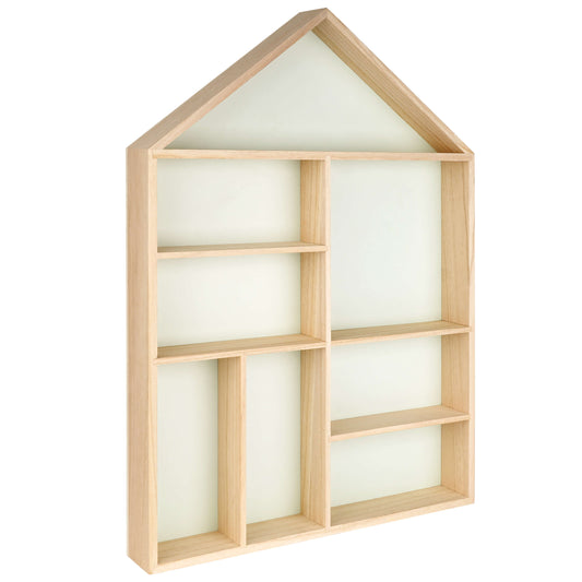 House shaped wooden toy display shelf with a mint-colored backboard ( Empty, side view)