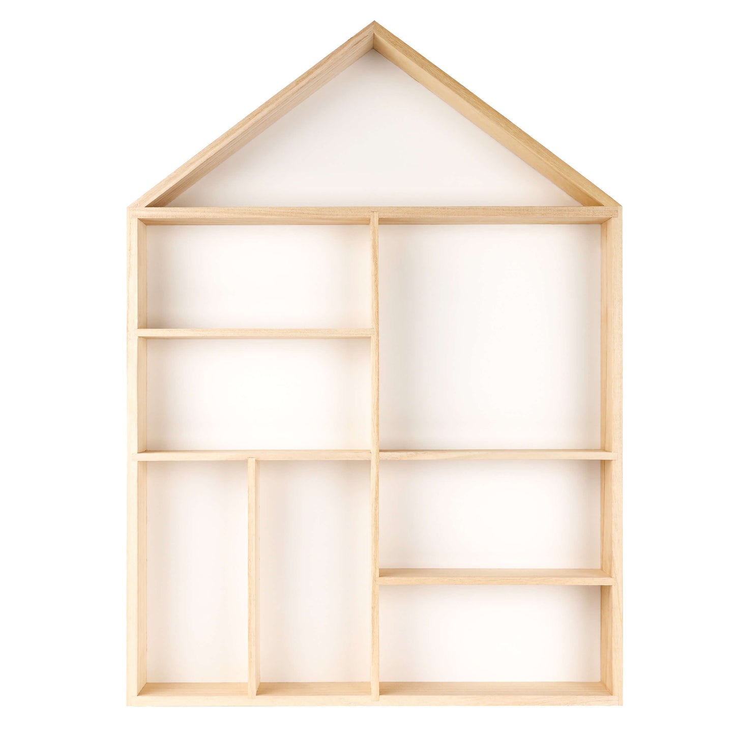 House shaped wooden toy display shelf with a white-colored backboard ( Empty, front view)