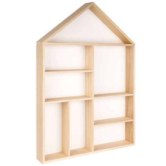 House shaped wooden toy display shelf with a white-colored backboard ( Empty, side view)