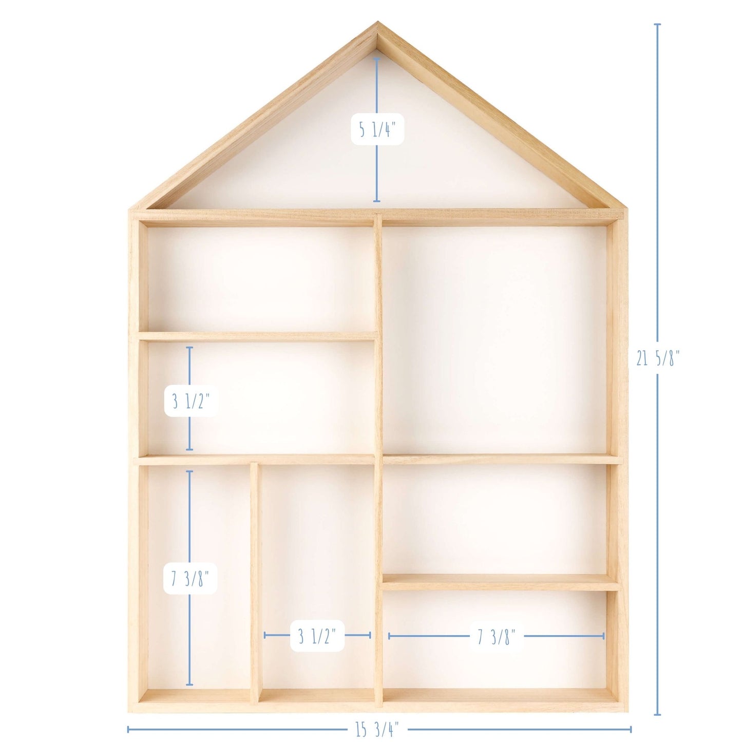 House shaped wooden toy display shelf with a white-colored backboard - with compartments size detailed (front view)
